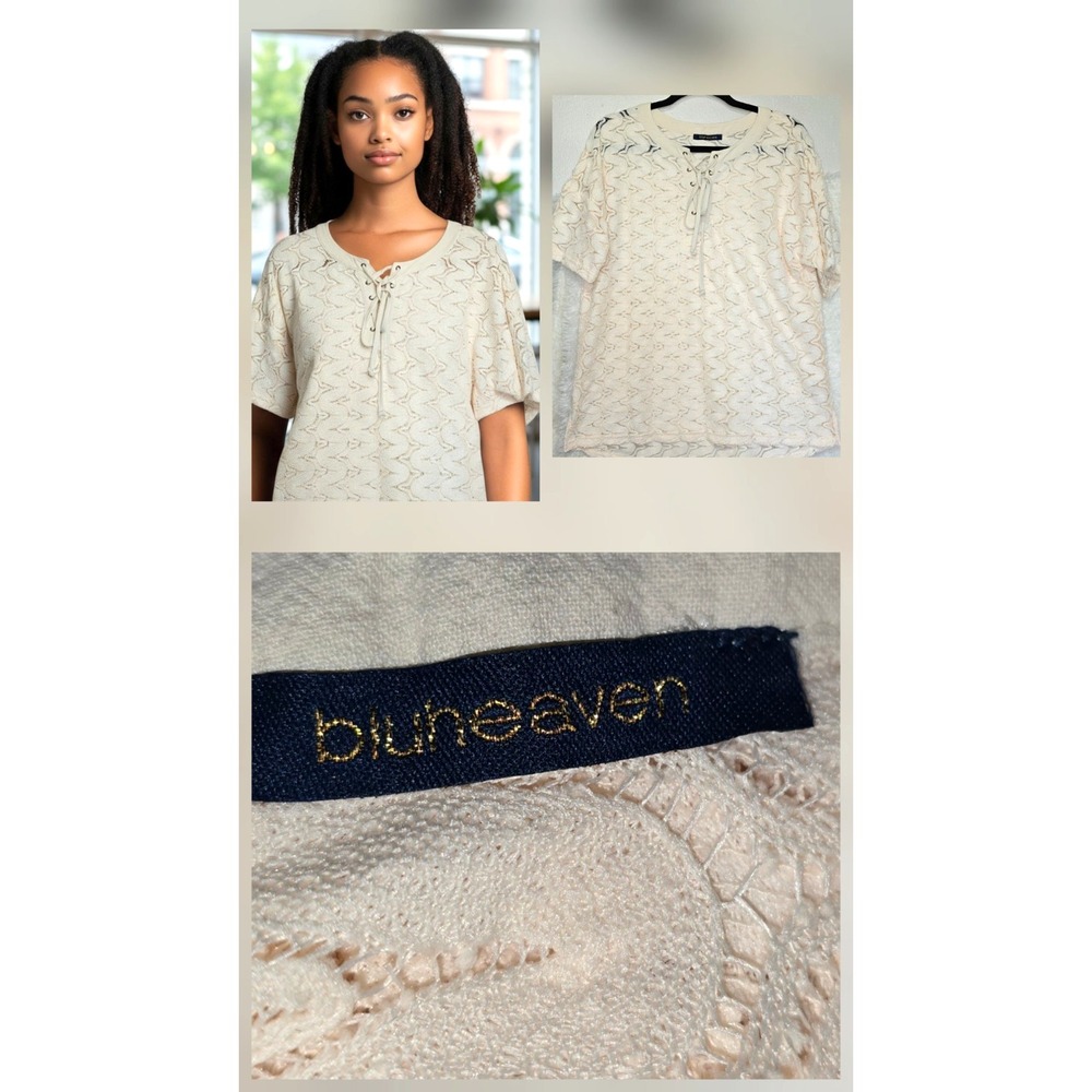 New Bluheaven Woman‎ Chic Laganlook Knit Top Size Medium Creme Sheer Open Tie